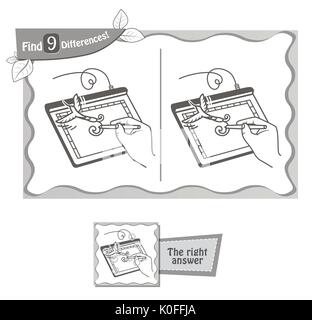 visual game for children and adults. Task to find 9 differences in the illustration on the school board. black and white vector illustration Stock Vector