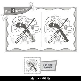 visual game for children and adults. Task to find 9 differences in the illustration on the school board. black and white vector illustration Stock Vector