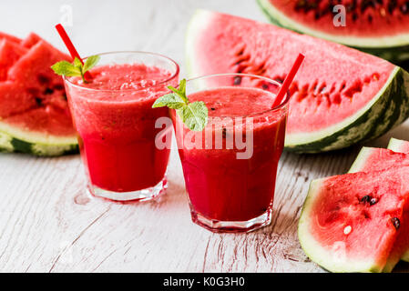 healthy drinks. watermelon smoothie on white wooden background Stock Photo