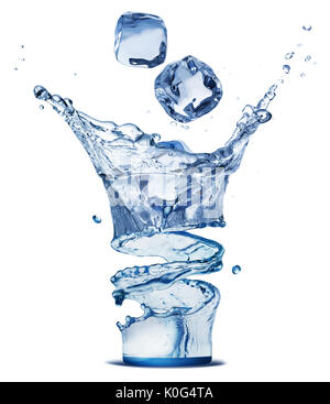 water splash with ice cubes in glass isolated on white background. Stock Photo