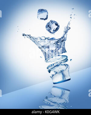 water splash with ice cubes in glass on blue background. Stock Photo