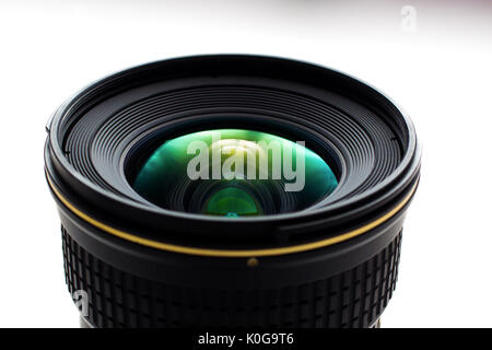 close-up view  of a camera lens on a white background Stock Photo