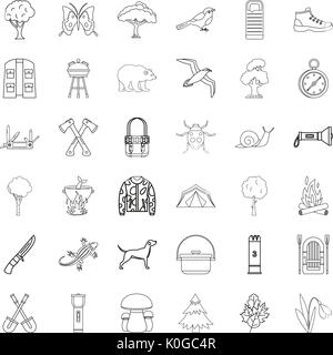 Hiking icons set, outline style Stock Vector