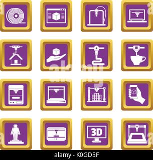 3D Printing icons set purple Stock Vector