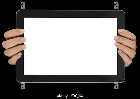 Female hands horizontally holding tablet with blank screen isolated Stock Photo