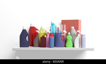 Group of cleaning products packages on white background. 3d illustration Stock Photo