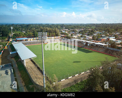 Soccer studium at sunny day aerial drone view Stock Photo