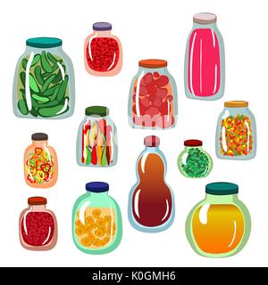 Collection of icons of pickled vegetables in glass jars. Vector illustration. Isolated elements set in cartoon style. Stock Vector