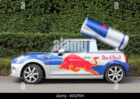 Aarhus, Denmark - August 19, 2017: Red Bull advertising Mini Cooper car in Denmark Stock Photo