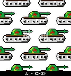 Pixel art vector objects to create Fashion seamless pattern. Background with tanks for boys. trendy 80s-90s   style, computer game  Stock Vector