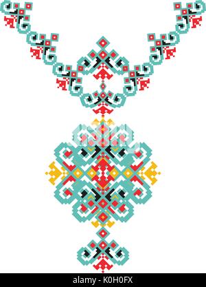 Vector Ethnic necklace Embroidery for fashion women. Pixel tribal pattern print design, jewelry, fabric. Stock Vector