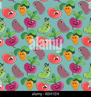 Seamless pattern background with cartoon funny smiling vegetables for kids textile or printing Stock Vector