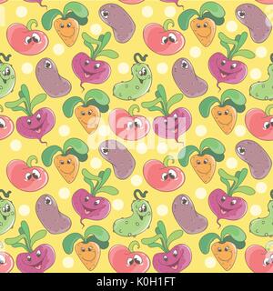 Seamless pattern background with cartoon funny smiling vegetables for kids textile or printing Stock Vector