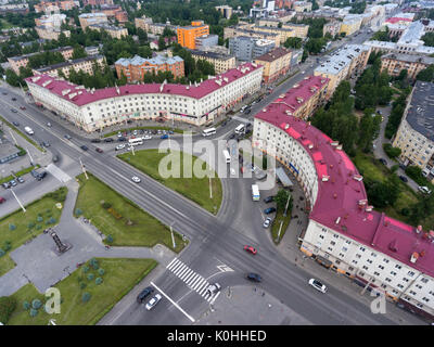 PETROZAVODSK, KARELIA, RUSSIA-CIRCA JUL, 2017: Top view at the Lenin avenue in center of the city. Old buildings are starting from the Gagarin square. Stock Photo