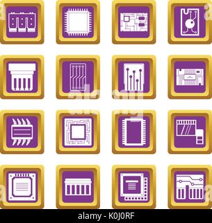 Computer chips icons set purple Stock Vector