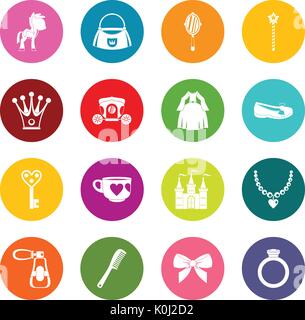Doll princess items icons many colors set Stock Vector