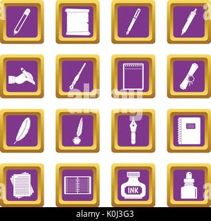 Writing icons set purple Stock Vector