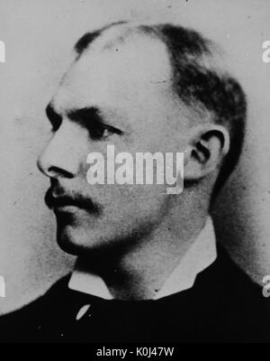 Head shot of original faculty member of Johns Hopkins University Medicine, William Stewart Halsted, wearing a dark suit and a white shirt, looking to his right, with a serious facial expression. 1880. Stock Photo