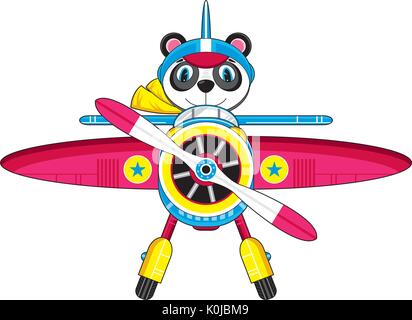 Cartoon Vintage Plane and Cute Panda Bear Pilot Illustration Stock Vector