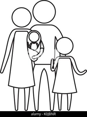 sketch silhouette of pictogram parents with a baby and little girl in clothes Stock Vector