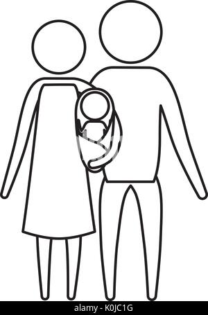 sketch silhouette of pictogram parents with a baby girl wrapped in a blanket Stock Vector