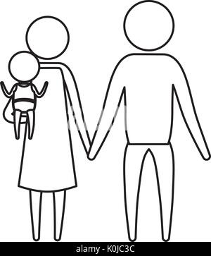 sketch silhouette of pictogram parents with a little girl carrying Stock Vector