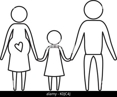 sketch silhouette of pictogram parents with mother pregnancy and girl holding hands Stock Vector