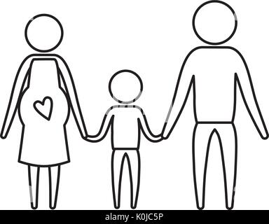 sketch silhouette of pictogram parents with mother pregnancy and boy holding hands Stock Vector