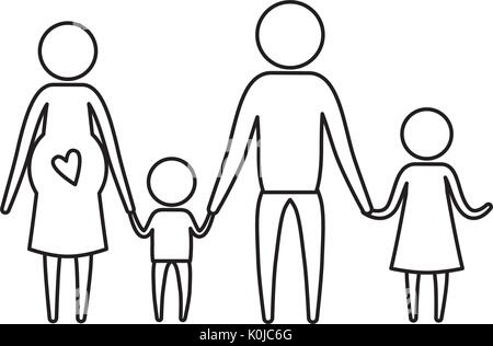sketch silhouette of pictogram parents with mother pregnancy and children holding hands Stock Vector