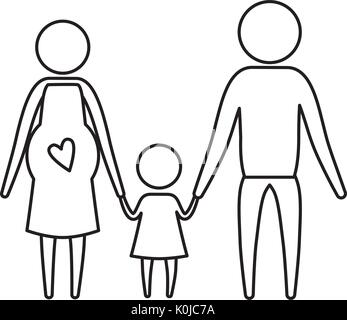 sketch silhouette of pictogram parents with mother pregnancy and little girl holding hands Stock Vector