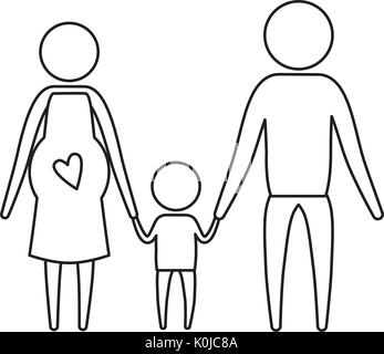 sketch silhouette of pictogram parents with mother pregnancy and little boy holding hands Stock Vector