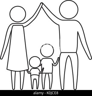 sketch silhouette of pictogram parents holding hands up and baby girl and boy in the middle of them Stock Vector