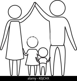 sketch silhouette of pictogram parents holding hands up and baby boy and girl in the middle of them Stock Vector