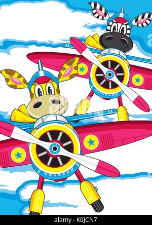Cartoon Vintage Plane and Cute Zebra and Giraffe Pilots Illustration Stock Vector