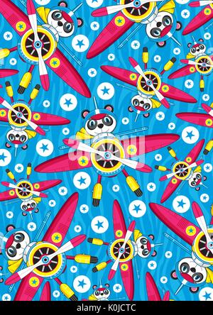 Cartoon Vintage Plane and Cute Panda Bear Pilot Pattern Stock Vector