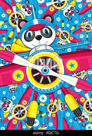 Cartoon Vintage Plane and Cute Panda Bear Pilot Pattern Stock Vector