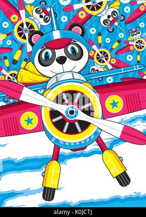 Cartoon Vintage Plane and Cute Panda Bear Pilot Pattern Stock Vector