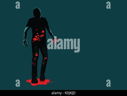 Silhouette zombie standing on blood. Stock Vector