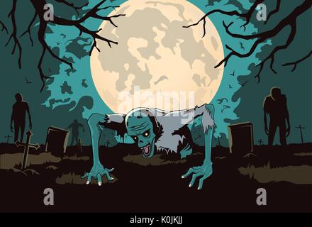 Zombie out of the grave on silhouette background in horror theme. Stock Vector