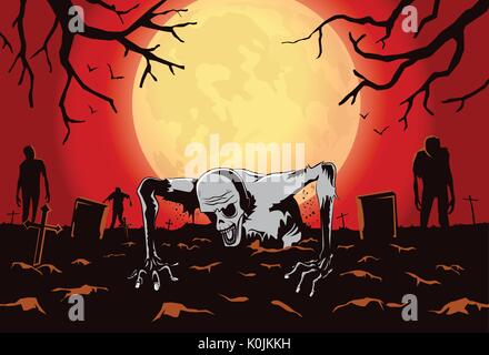 Zombie out of the grave on silhouette background in horror theme. Stock Vector