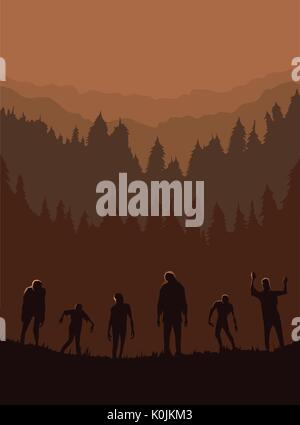 Silhouette of Zombie horde was exiting out of the graveyard at night. Stock Vector