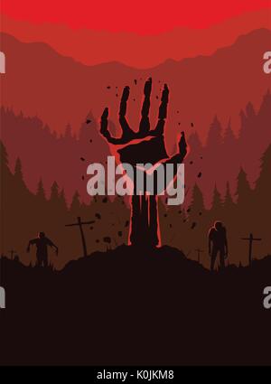 Zombie hand rising out of the grave in the cemetery at night. Stock Vector