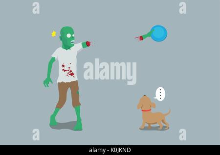 Zombie play throw and grab a disc with dog and his arm off. Stock Vector
