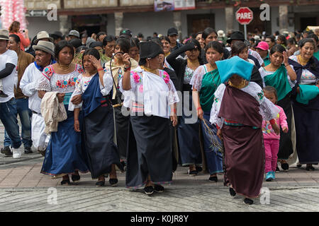 July 1, 2017 Cotacachi, Ecuador: indigenous Kichwa women marching on the street during Punchi Warmi celebration Stock Photo