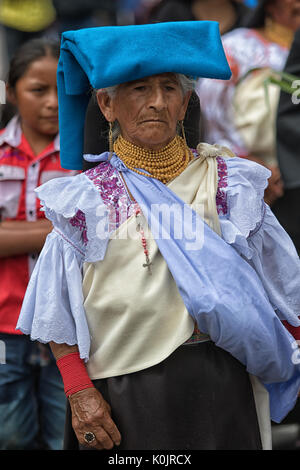 July 1, 2017 Cotacachi, Ecuador: traditionally dressed older Kichwa woman at Punchi Warmi celebration Stock Photo