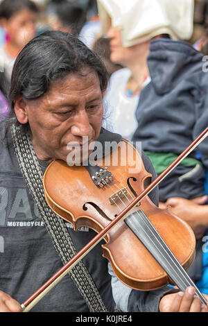 July 1, 2017 Cotacachi, Ecuador: an indigenous Kichwa man playing the violin during Punchi Warmi celebration Stock Photo