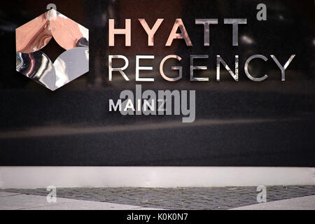 Mainz, Germany - August 21, 2017: The entrance sign of the Hotel Hyatt Regency with reflections in silver letters on marble on August 21, 2017 in Main Stock Photo