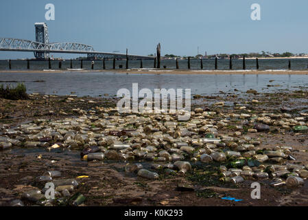 Extreme polluted beach mainly with glass - Dead Horse Bay in New York City Stock Photo