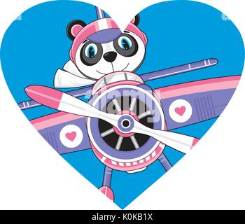 Cartoon Vintage Heart Plane and Cute Panda Bear Pilot Illustration Stock Vector