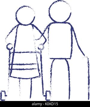 blurred blue contour of pictogram elderly couple with woman in assistence walker and man with stick Stock Vector
